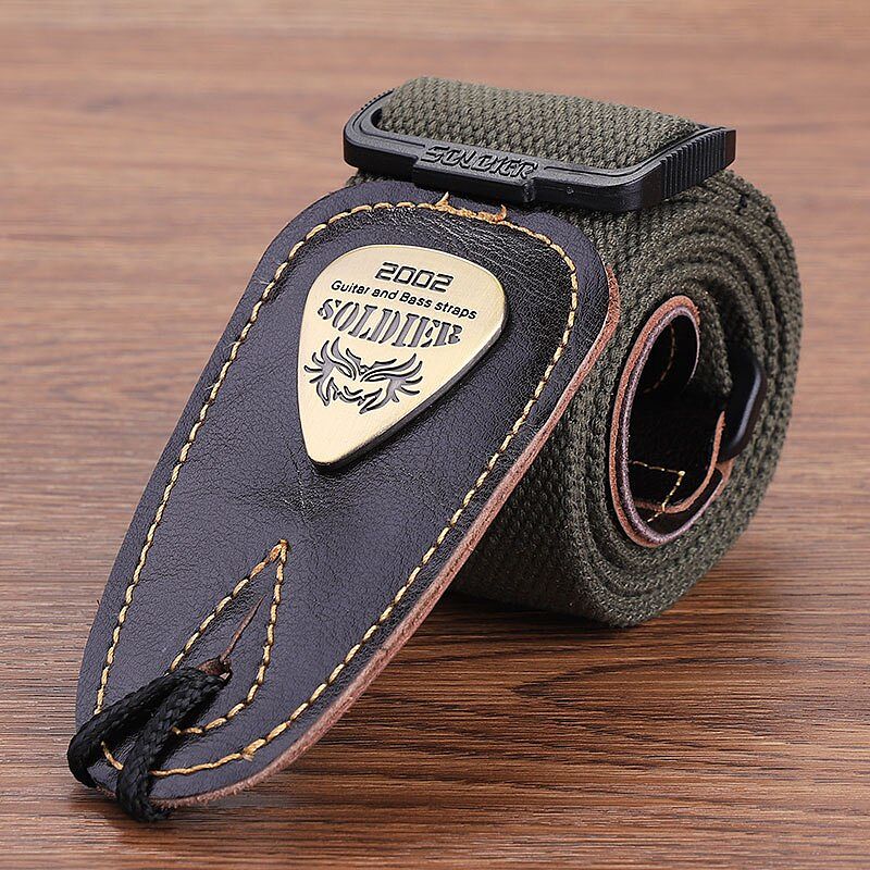 Klassischer elektrischer Gitarrengurt in Khaki-Farbe mit Lederkopf