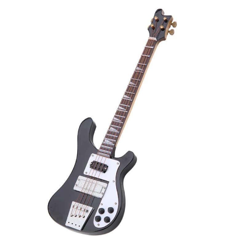 Details der handgefertigten Miniatur-Elektrobassgitarre mit Gitarrenständer