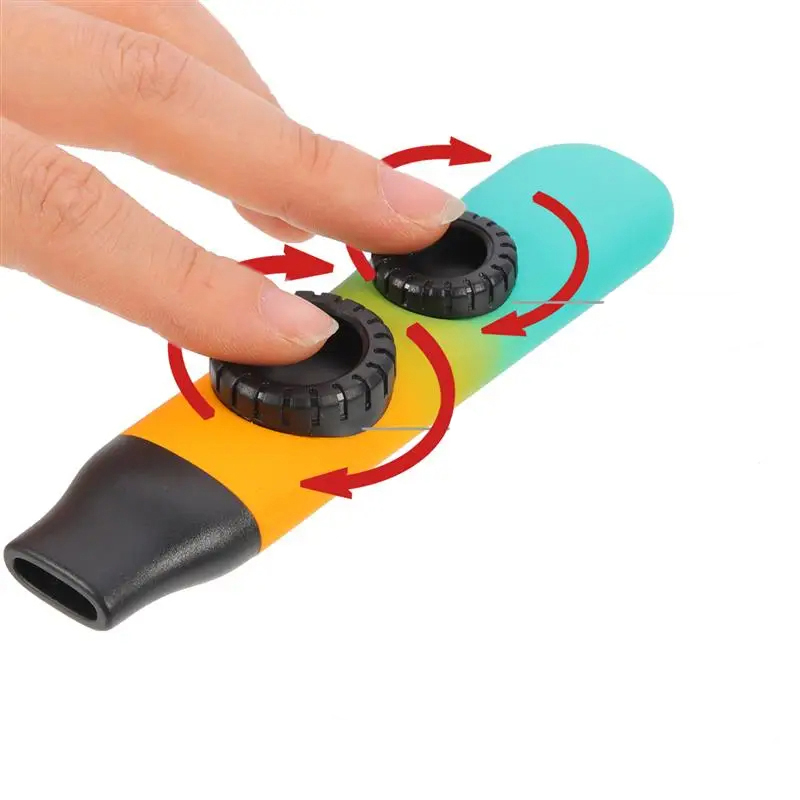 Regenbogenfarbenes Kazoo mit zwei Öffnungen für Kinder Details