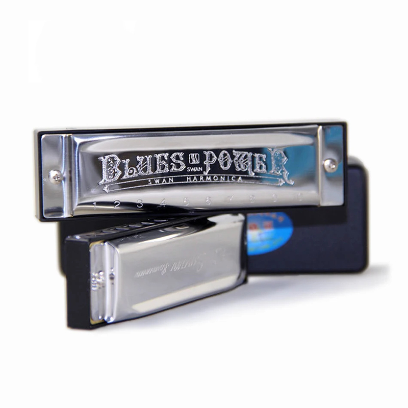 Diatonische Mundharmonika in Metall-Blues-Design mit Messingetui