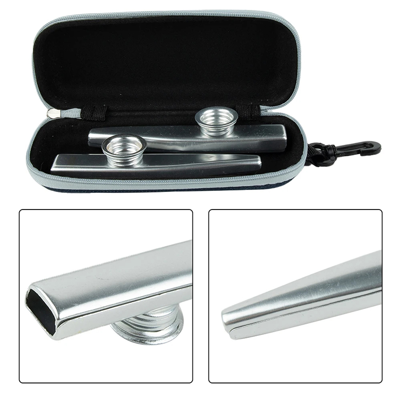 Details zu einer Hülle mit zwei zufällig farbigen Metall-Kazoos