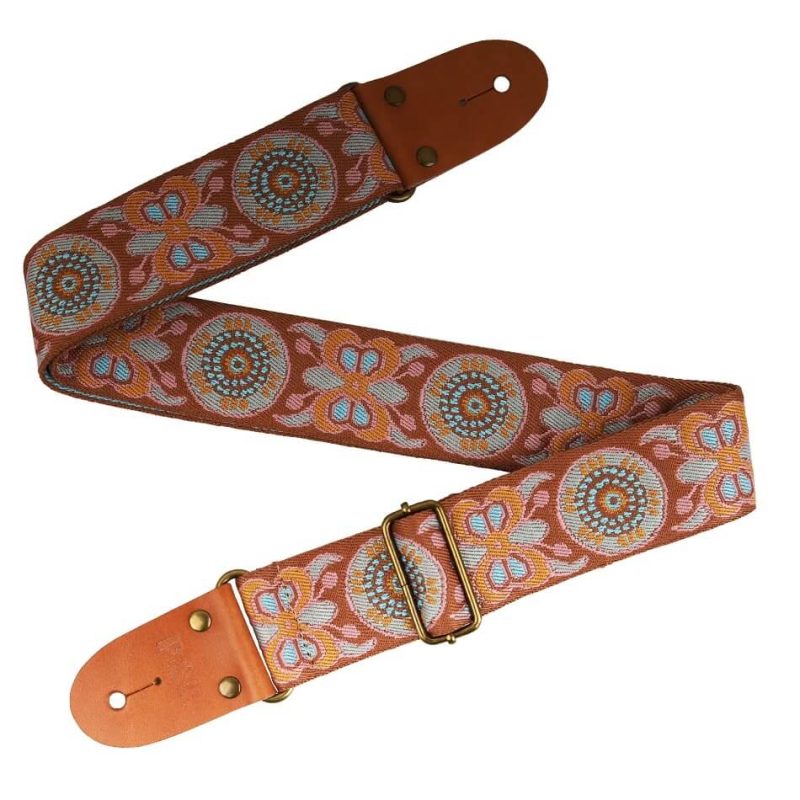 Details verstellbarer klassischer Gitarrengurt aus bestickter Baumwolle mit Schmetterlingsmuster - Farbe Orange