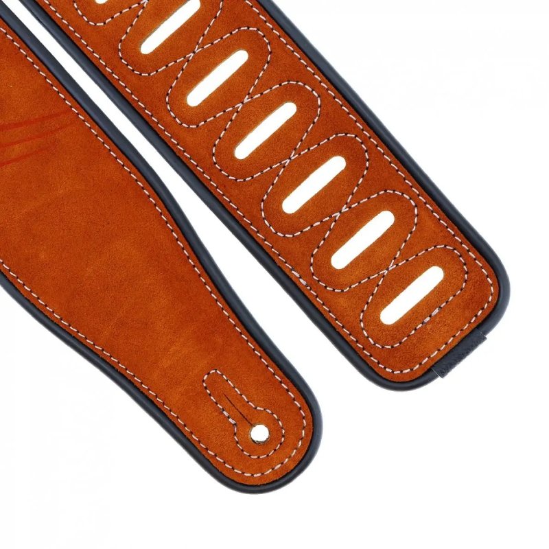 Details zu einer beigen Wildleder-Gitarrengurt mit Musiknoten-Muster