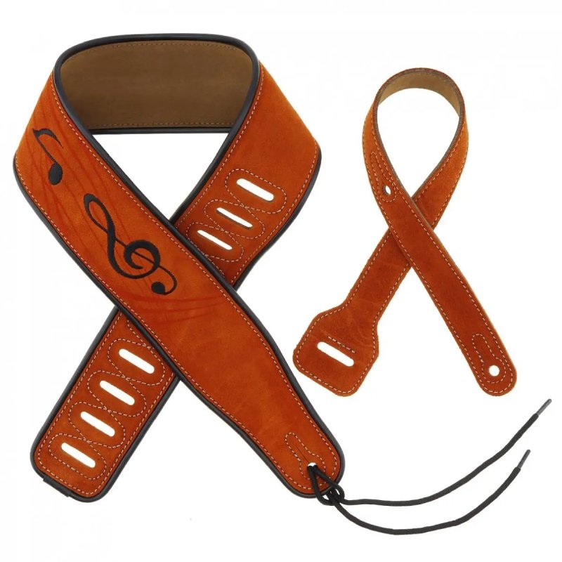 Wunderschöner Gitarrengurt aus beigem Wildleder mit Musiknoten-Motiv