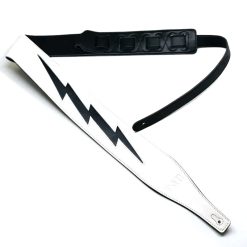 Ledergitarrengurt im ikonischen Blitz-Design, schwarz auf weiß