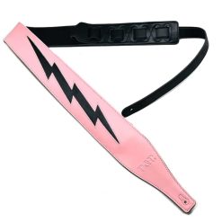 Ledergitarrengurt mit ikonischem Blitz-Design, in Schwarz auf Rosa
