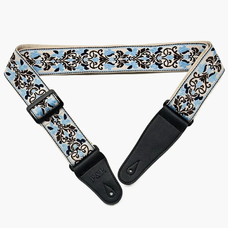 Bedruckter Gitarrengurt mit blauem und braunem Blumenmuster