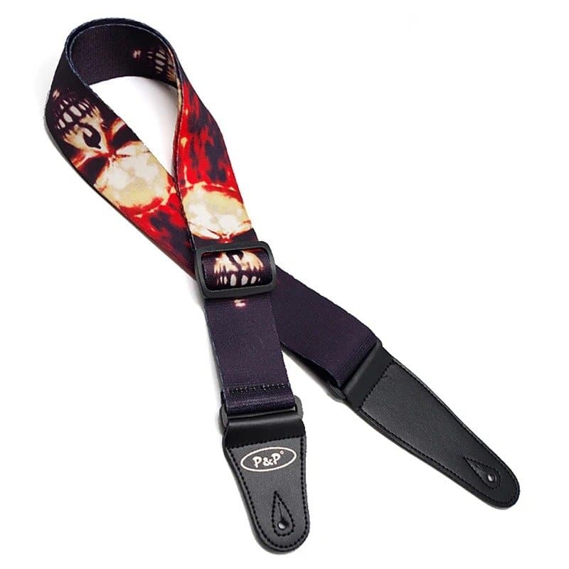 Bedruckter Gitarrengurt mit Totenkopf, großem Schädel und roten Flammen