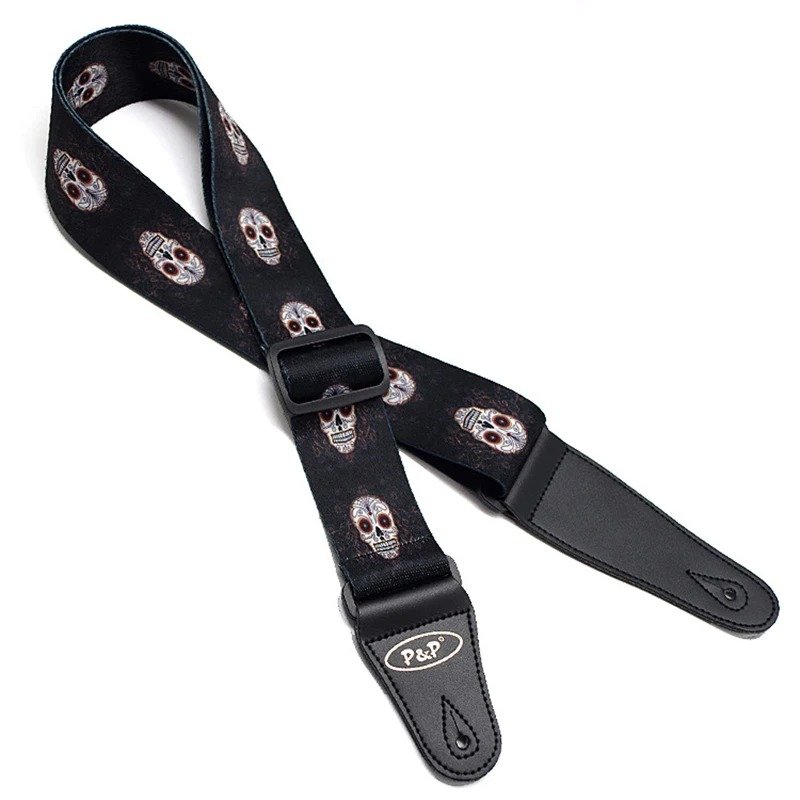 Bedruckter Gitarrengurt mit Totenkopf und kleinen mexikanischen Schädeln