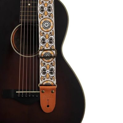 Verstellbarer klassischer Gitarrengurt aus bestickter Baumwolle mit Schmetterlingsmuster - Farbe Gelb