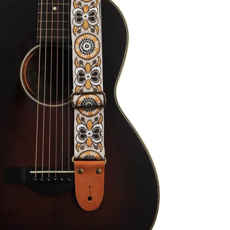 Verstellbarer klassischer Gitarrengurt aus bestickter Baumwolle mit Schmetterlingsmuster - Farbe Gelb