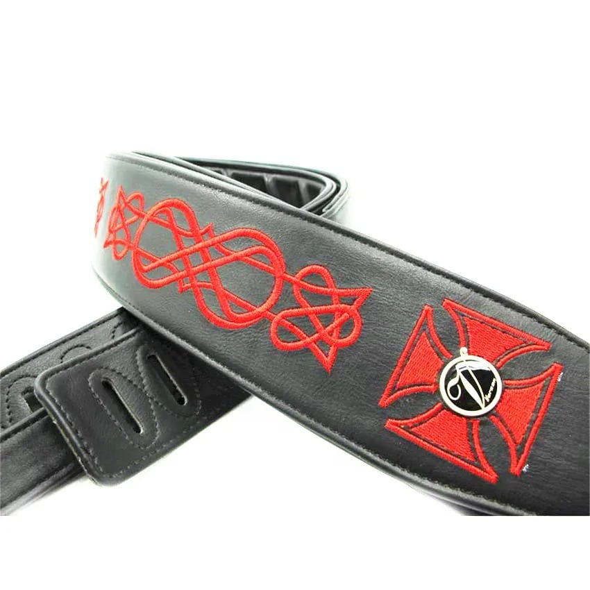 Gitarrengurt für Bass aus Leder, bestickt mit Eisernes Kreuz-Motiv