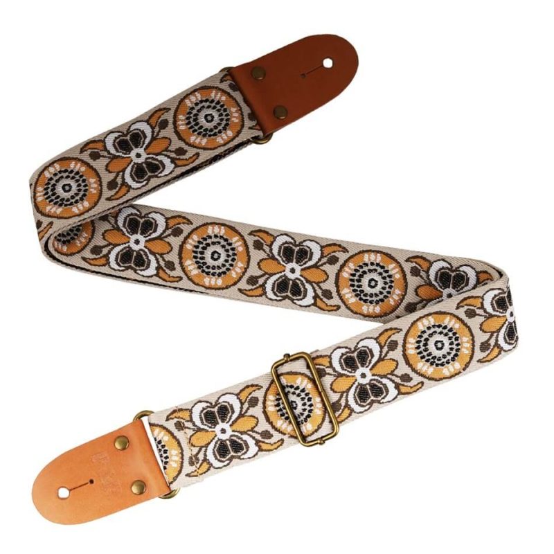 Detail verstellbarer klassischer Gitarrengurt aus bestickter Baumwolle mit Schmetterlingsmuster - Farbe Gelb