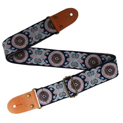 Details verstellbarer klassischer Gitarrengurt aus bestickter Baumwolle mit Schmetterlingsmuster - Farbe blau