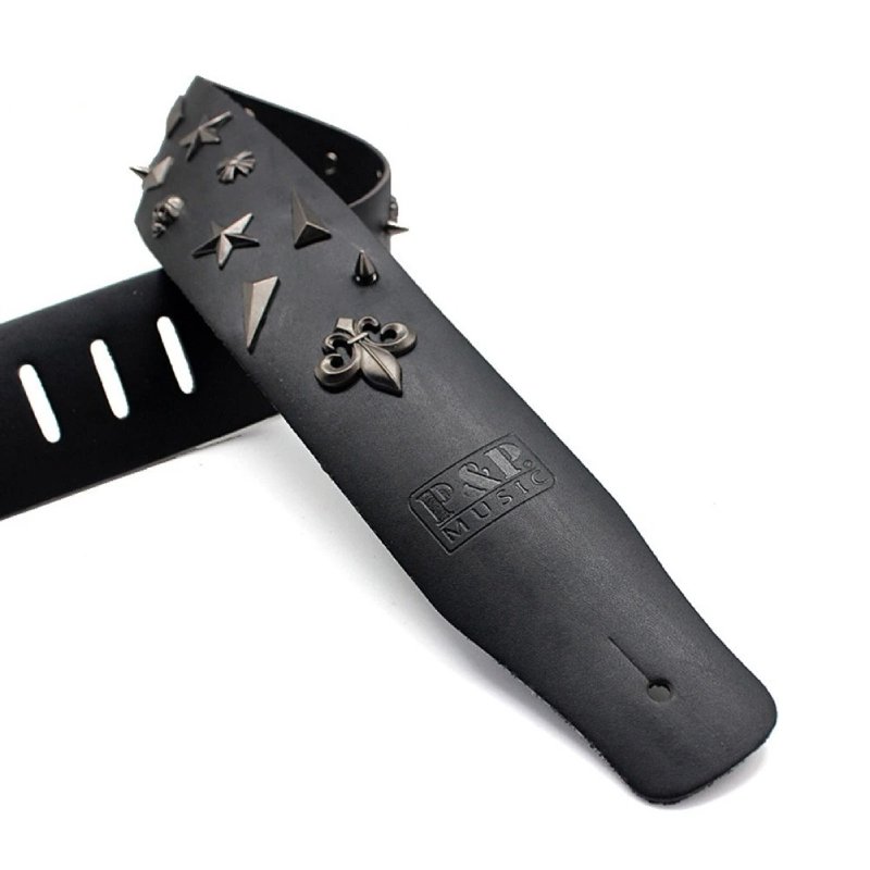 Schwarzer Ledergitarrengurt mit gotischen Verzierungen für Metal