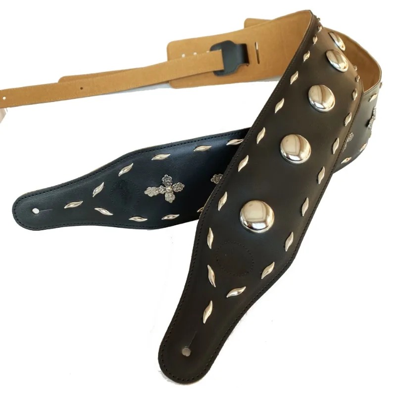 Ledergitarrengurt mit Conchos und Kreuz für Rock und Metal - Modell 2