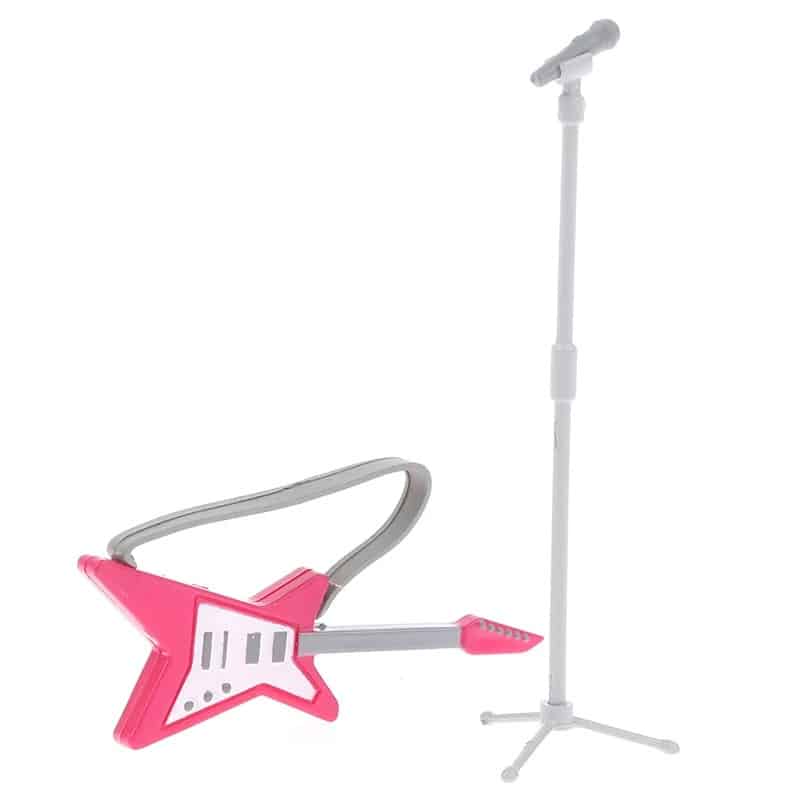 Details einer Miniatur-Elektrogitarre in Sternform in Rosa mit Mikrofon