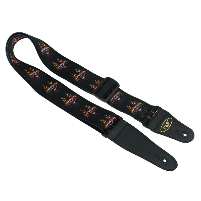 Wunderschöner Gitarrengurt mit Totenkopf, roten Herzen und Flammen