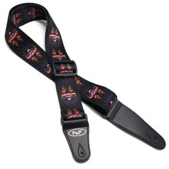 Gitarrengurt mit Totenkopf, roten Herzen und Flammen
