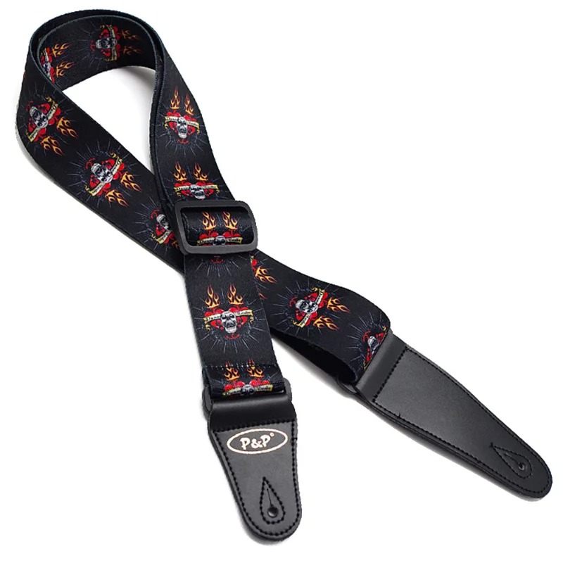 Gitarrengurt mit Totenkopf, roten Herzen und Flammen