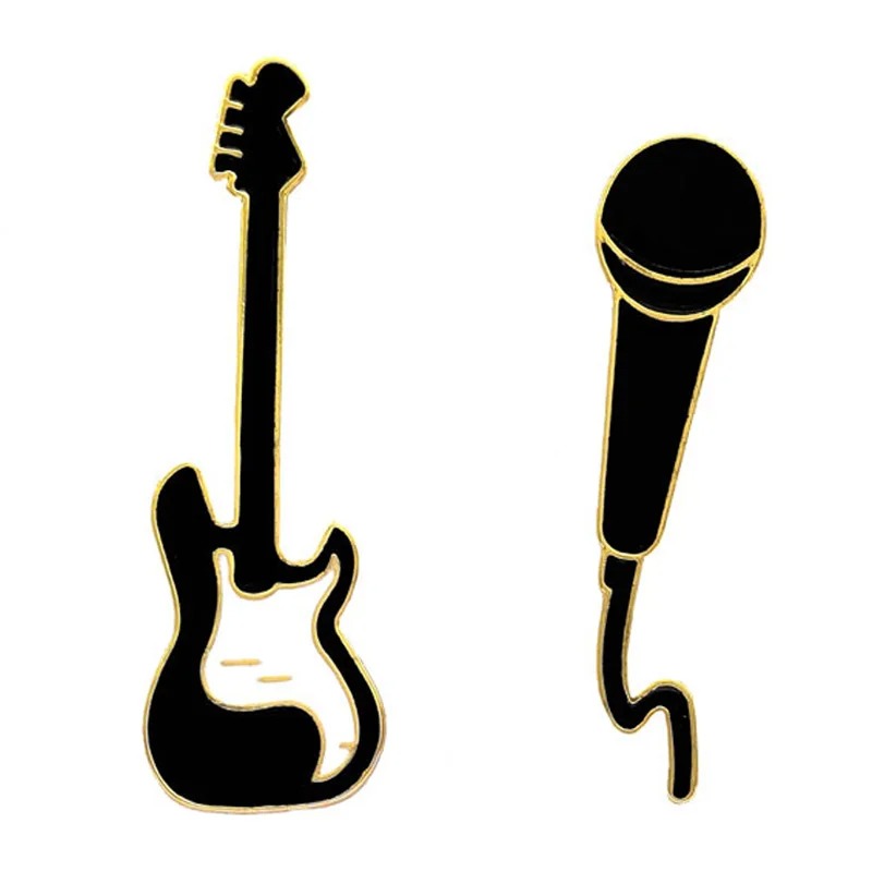Vollständige Details der emaillierten Anstecknadeln Elektrische Gitarre und Mikrofon
