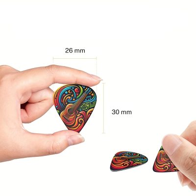 Abmessungen Set von 6 bunten Psychedelischen Gitarren-Plektren - 3 Größen - Plektrumhalter inklusive