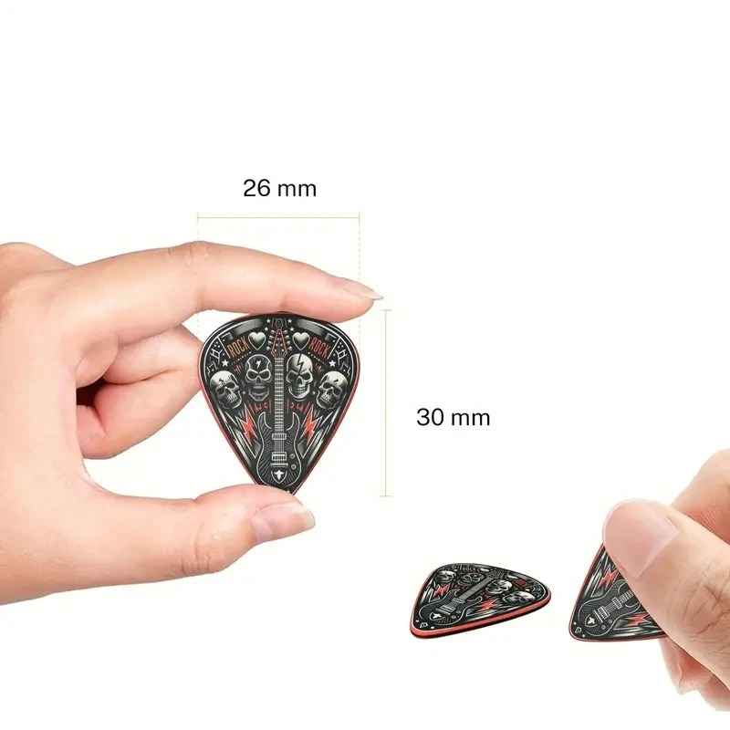 Abmessungen des Sets von 6 Plektren mit Totenkopf Hard Rock in 3 Größen, inklusive Plektrenhalter