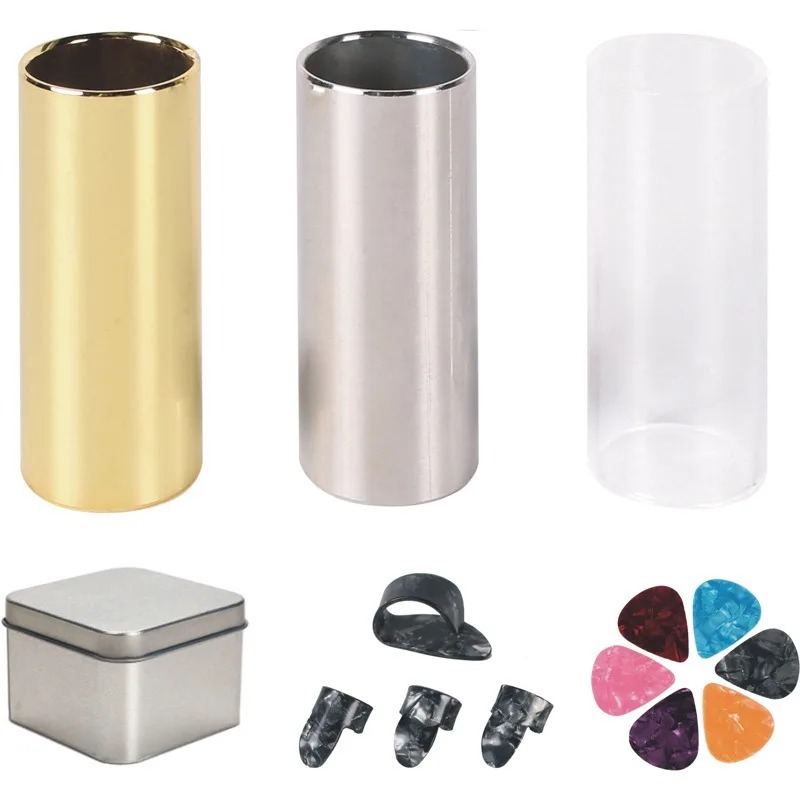 Prächtiges Set von 3 Gitarren-Slides mit einem vollständigen Set von Plektren