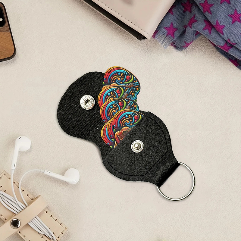 Vollständige Ansicht des Sets von 6 bunten Psychedelic Gitarren-Plektren - 3 Größen - Plektrenhalter inklusive