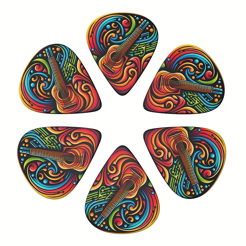 Vollständige Ansicht des Sets von 6 bunten Psychedelischen Gitarren-Plektren - 3 Größen - Plektrumhalter inklusive