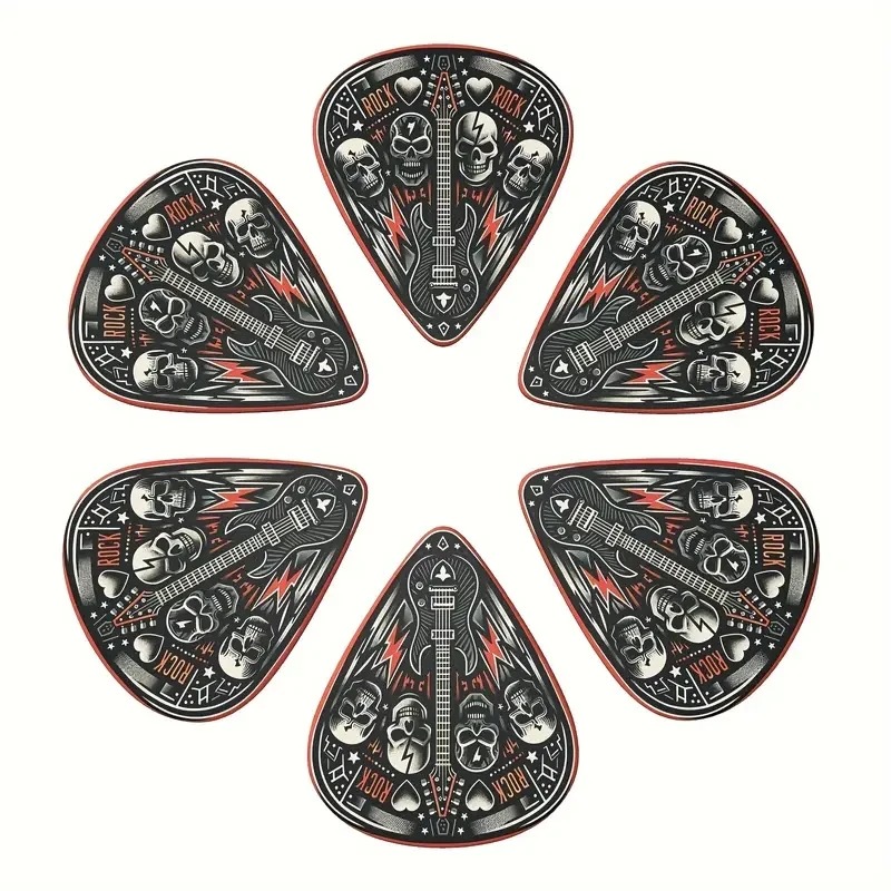 Set von 6 Plektren mit Totenkopf Hard Rock - 3 Größen mit Plektrumhalter inklusive
