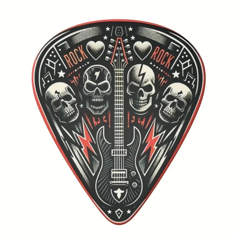 Vollständige Details zum Set von 6 Plektren mit Totenkopf-Hard-Rock-Motiv in 3 Größen, inklusive Plektrenhalter