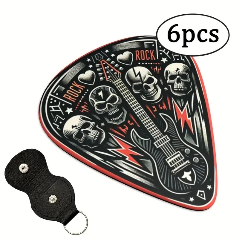 Set von 6 Totenkopf Hard Rock Plektren - 3 Größen - Plektrenhalter inklusive