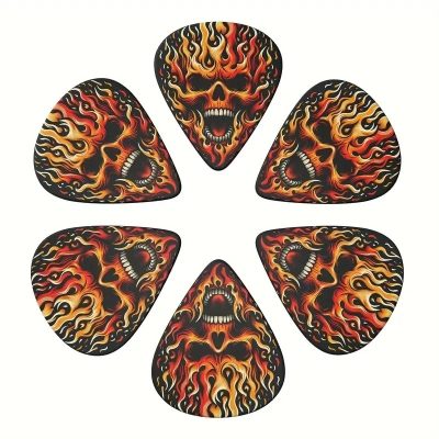 Details zum Set von 6 Heavy-Metal-Plektren mit Totenkopf - 3 Größen mit inbegriffenem Plektrenhalter