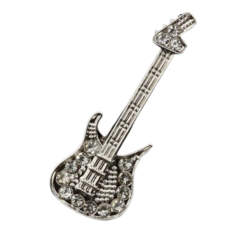 Prächtige emaillierte Brosche in Form einer E-Gitarre, besetzt mit Strasssteinen