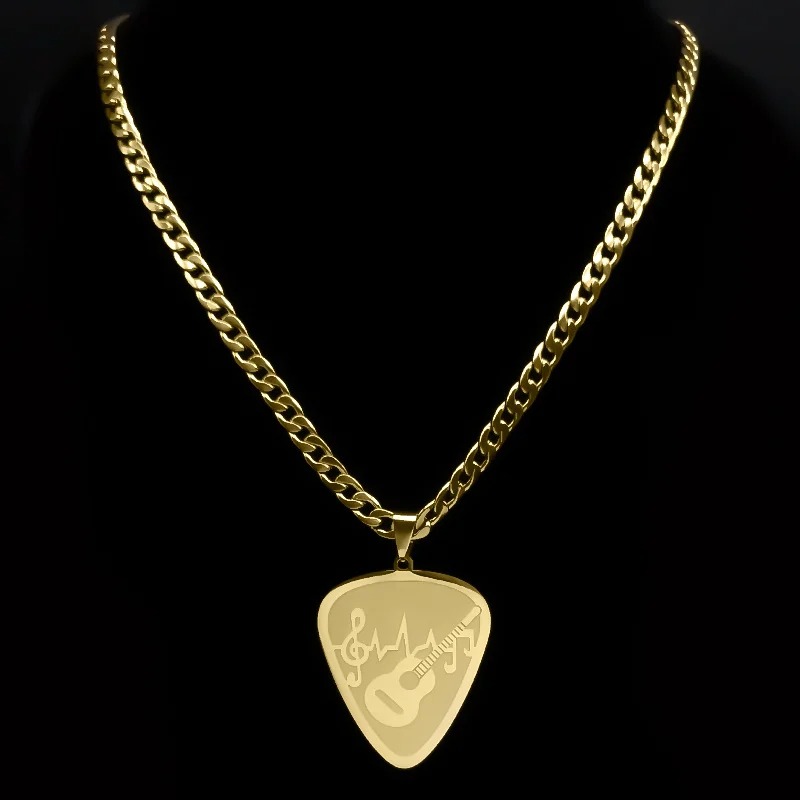 Vollständige Ansicht des goldenen Gitarren-Plektren und Musiknoten-Anhängers