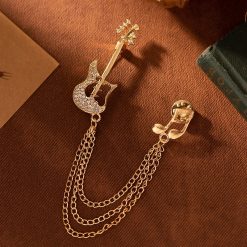 Emaille Pins Elektrische Gitarre mit Strass Doppelkreuz Kette in Goldfarbe