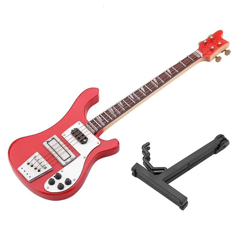 Miniatur elektrische Bassgitarre mit Gitarrenständer in Rot