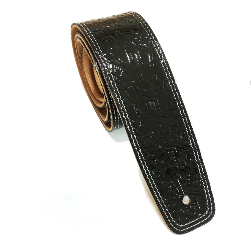 Gitarrengurt aus Leder mit Musiknoten-Muster in Schwarz