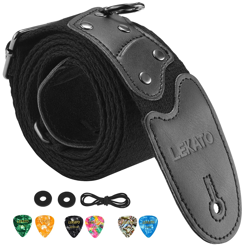 Gitarren- und Bassgurt mit Befestigungsring und Plektrumtasche