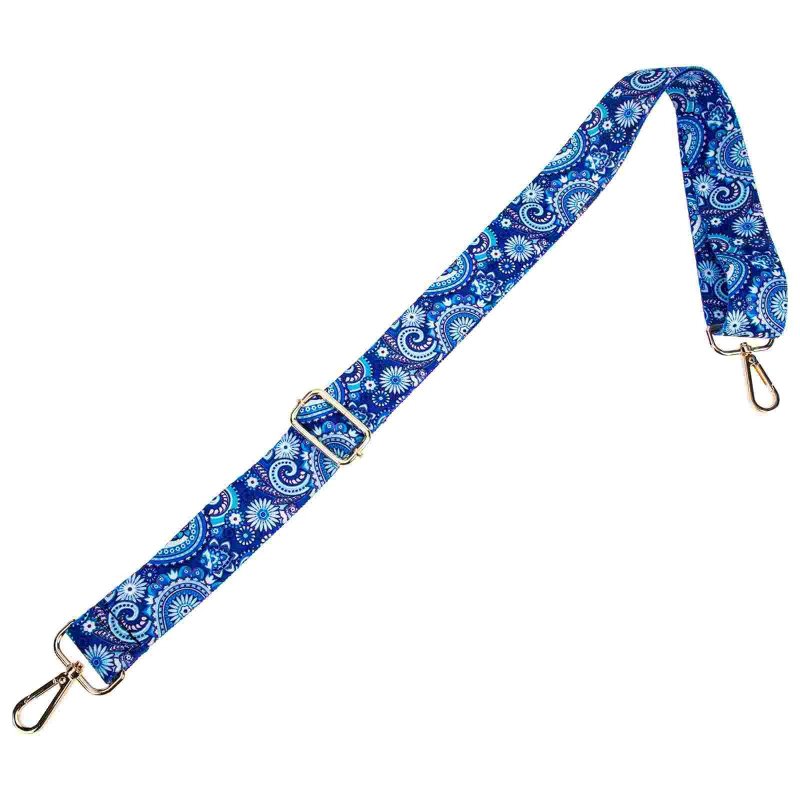 Vollständige Ansicht des blauen Paisley-Musters im Vintage-Stil auf dem Banjo-Gurt