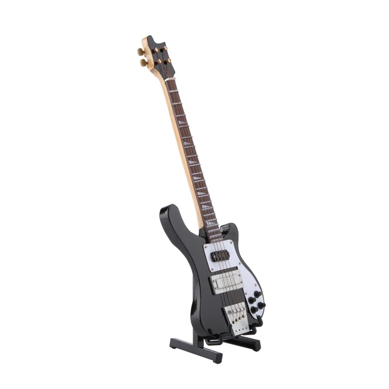Seitenansicht einer Miniatur-Elektrobassgitarre mit Gitarrenständer in Schwarz