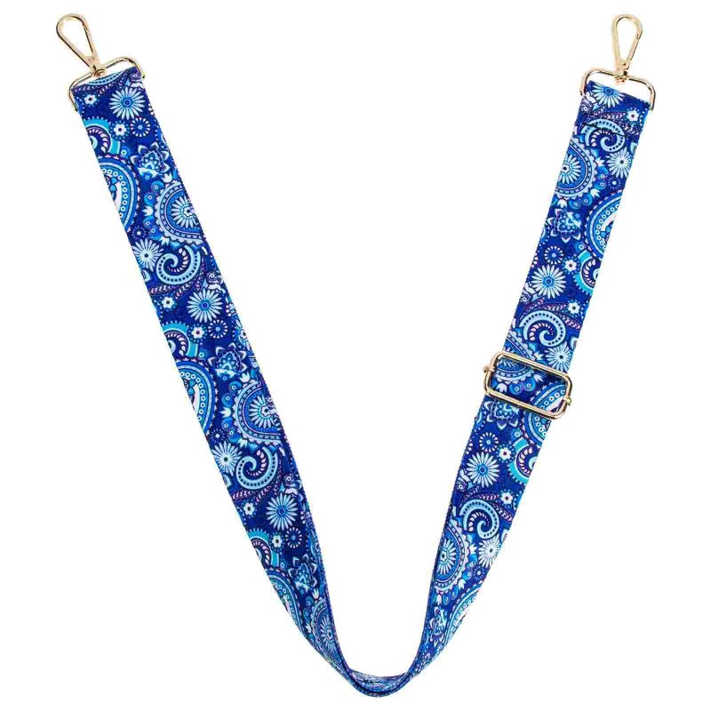 Detaillierte Ansicht des blauen Banjo-Gurts mit Paisley-Muster und Vintage-Blumenmotiv