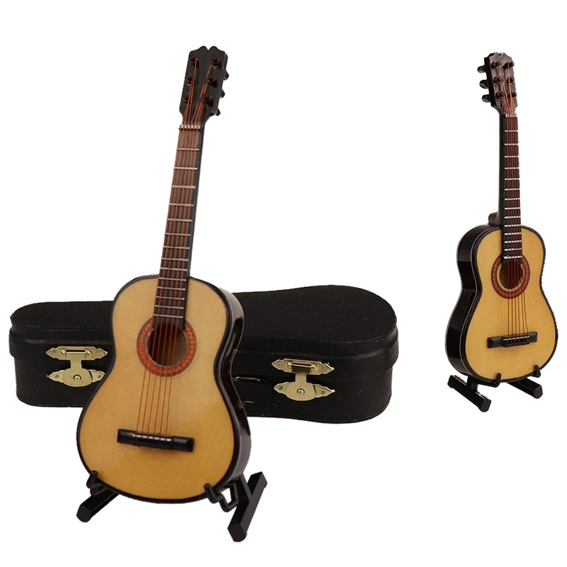 Vollständige Ansicht der Miniatur-Akustikgitarre mit Hülle und Gitarrenständer - 3 Größen - 5 Farben!