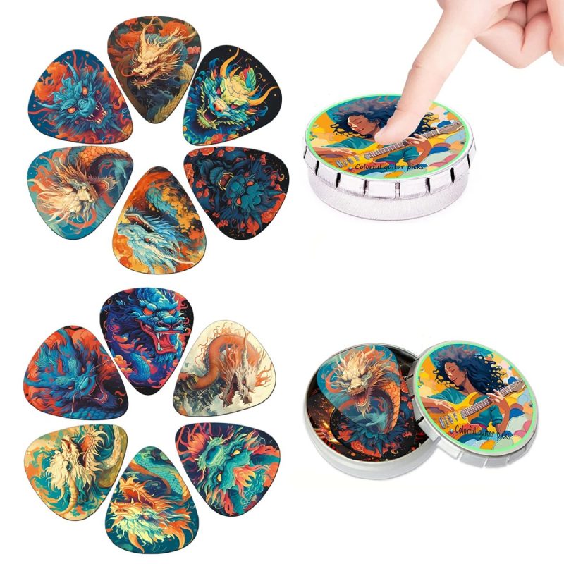 Details Set von 12 mystischen Drachen Plektren mit Metall-Aufbewahrungsbox