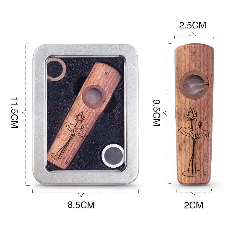 Abmessungen des Sapelli-Holz-Kazoos - Lotus-Melodie - 4 Farben zur Auswahl