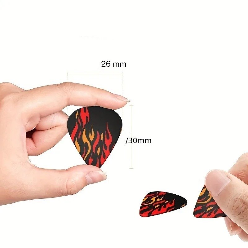 Abmessungen des Sets von 6 Flammen-Plektren mit leuchtendem Glanz inklusive geschenktem Etui