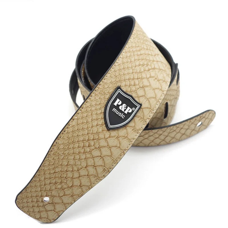 PU-Leder Gitarrengurt im klassischen Reptilien-Design, Farbe Beige