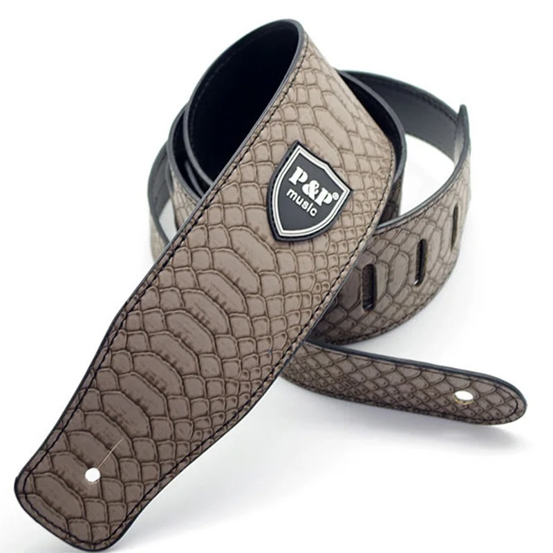 PU-Leder Gitarrengurt im klassischen Reptilien-Design, Farbe Braun