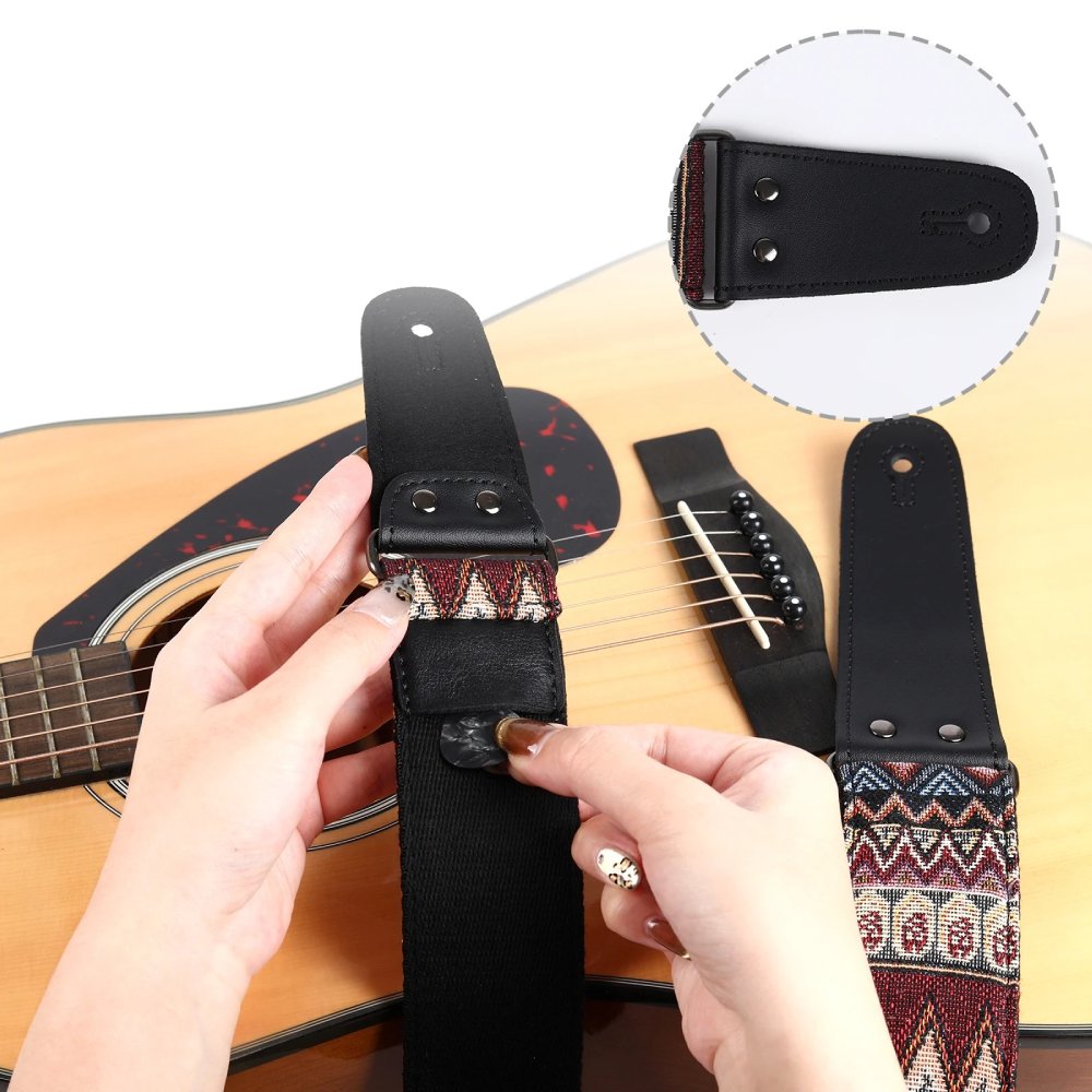 Vollständige Details zum Vintage-Gitarrengurt 'Tribal Tapisserie